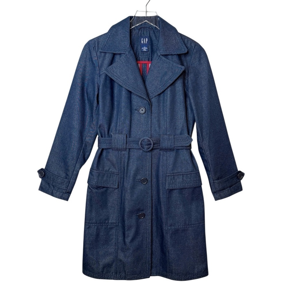 GAP Y2K Vintage Denim Dark Wash Women’s Blue Belted Women’s Trench Coat Sz XS - Picture 2 of 12